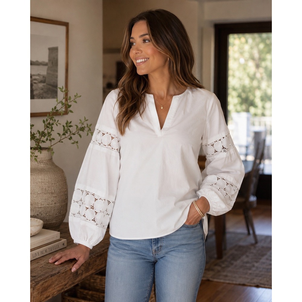 Donna Karan Blouse Women Small White Eyelet Lace Sleeve Boho Minimalist
